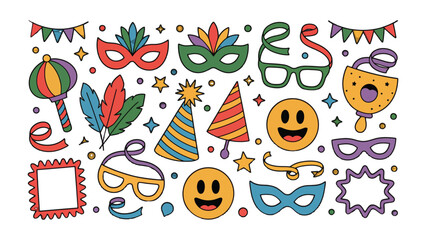 Fototapeta premium Festive Carnival Collection: A whimsical assortment of vibrant masks, playful accessories, and joyful symbols. It's a joyful party filled with lively elements that evoke celebration, excitement.