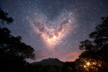 Stunning Night Sky with Illuminated Starry Heart Formation Over Tree Silhouettes