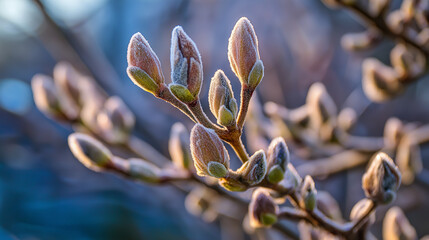 contender. Dormant tree buds covered in delicate frost crystals. gardening catalogs, home-decor guides, designed for home decor and floral branding and gardening and botanical catalogs.