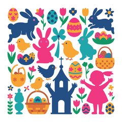 Naklejka premium Collection of colorful Easter holiday with bunnies chicks and eggs spring celebration