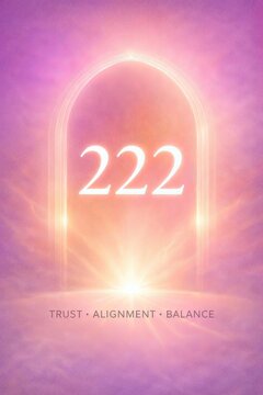 Angel Number 222 Social Cover: Glowing Pastel Portal, Trust & Balance