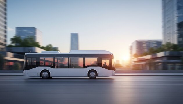 Futuristic autonomous electric bus driving on urban road at sunset
