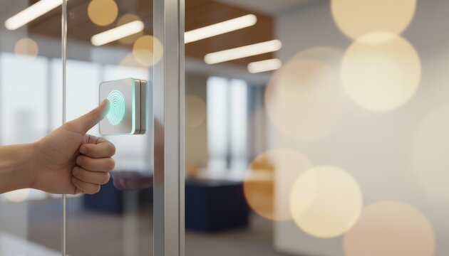 Biometric fingerprint scanner on glass door for office security access