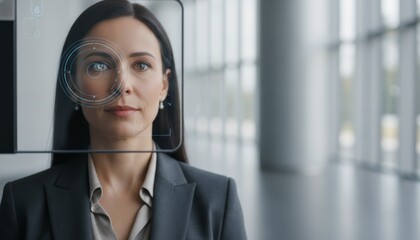 Businesswoman using biometric iris recognition on transparent screen