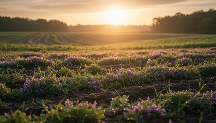 Purple flowers blooming in a farm field at sunset golden hour