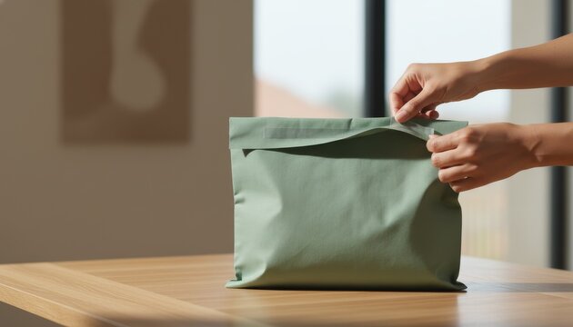 Hands Opening Sustainable Green Mailer Bag on Wooden Desk