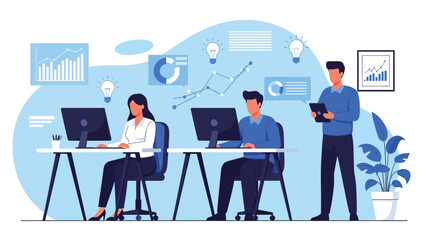 Team of professionals working on computers with data analysis charts and graphs in a modern office setting, illustrating business growth and digital strategy