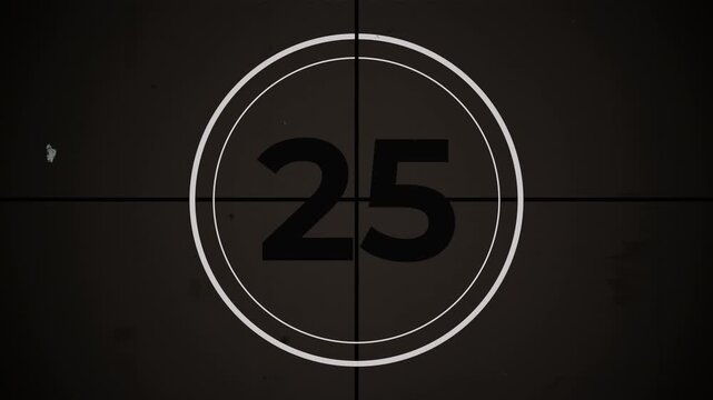 30 seconds old movie countdown with vintage film leader style, featuring flicker, grain, dust and scratches. Perfect for retro intros, trailers, films, and cinematic video projects.