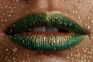 Vibrant Green Metallic Lip Art with Dewy Effect