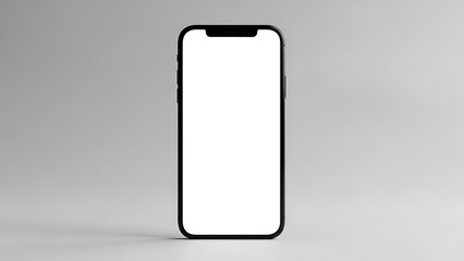 A sleek black smartphone with a blank white screen on a gray background