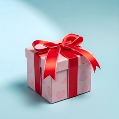 Fototapeta premium Pink Heart Pattern Gift Box with Luxury Red Satin Ribbon on Pastel Blue Background