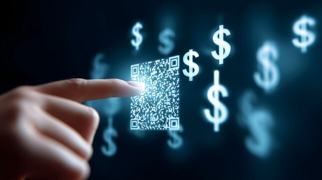 Digital payment and financial technology concept with hand touching glowing QR code and dollar signs - Powered by Adobe