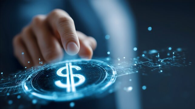 Digital finance concept: hand pressing glowing dollar sign button on futuristic interface