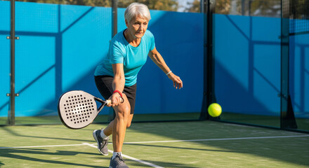 Senior woman, determined padel player in motion leaning forward to hit the ball. Concept of accessibility of sports for seniors, rehabilitation for pensioners
