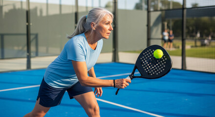 Senior woman, determined padel player in motion leaning forward to hit the ball. Concept of accessibility of sports for seniors, rehabilitation for pensioners