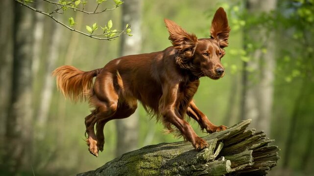Graceful irish red setter leaping in lush green meadow at sunrise