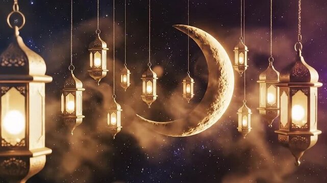 Glowing crescent moon surrounded by twinkling stars and cosmic dust in vast space