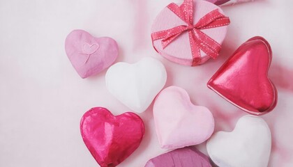 Romantic Valentine's Day Gifts. Two heart-shaped boxes tied with pink ribbons on a blurred pink background, symbolizing love and affection for Valentines Day. The concept represents celebration