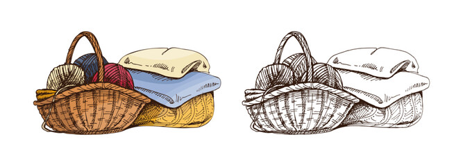 Hand drawn vintage set of knitting accessories and yarn ball with needles in color and monochrome version