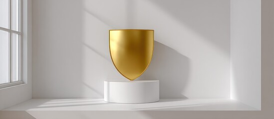Golden Shield on White Pedestal with Window Light.