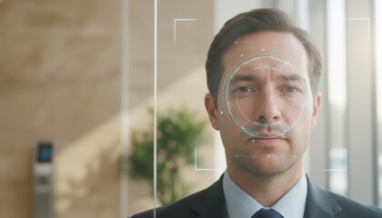 Biometric face scanning verifying businessman's identity for secure access.