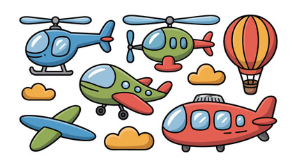 Air Transportation Ensemble: a vibrant composition features an array of air transportation, including helicopters, airplanes and hot air balloon, against a soft backdrop of fluffy clouds. © Mohiuddin123