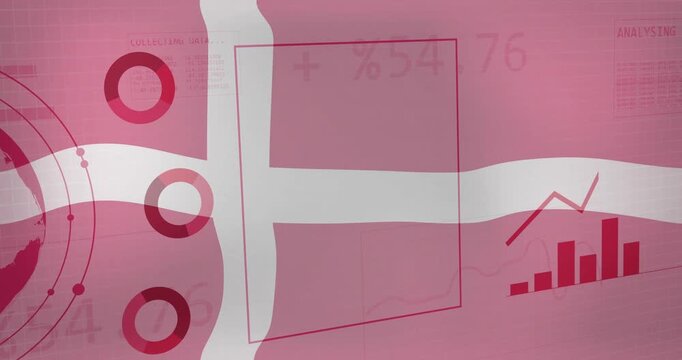 Analyzing data with binary code, charts, and graphs over pink background