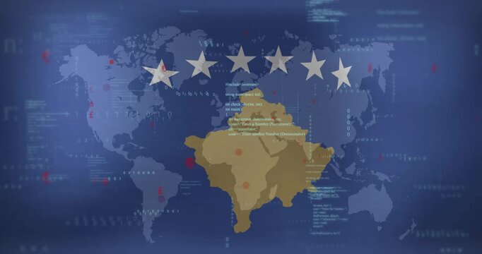 Flag of Kosovo with data processing animation over world undefined background
