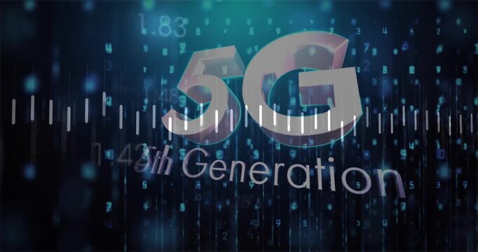 5G 5th Generation text animation over digital data and binary code background