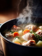 Warm, flavorful chicken soup simmering with fresh carrots, potatoes, and herbs in a pot, emitting comforting steam.