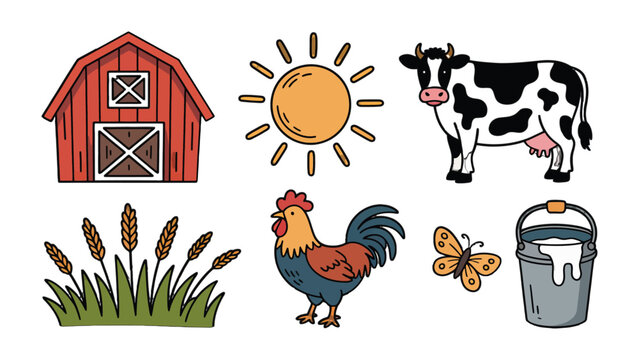 Farm Life Illustration: Capturing the essence of a serene farm with a charming barn, a radiant sun, a content cow, a crowing rooster, a fluttering butterfly, a bountiful patch of wheat.