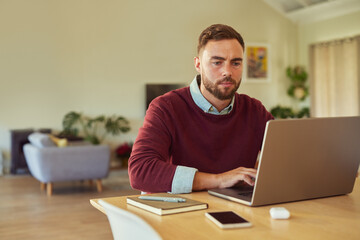 Mid adult man using laptop while working from home