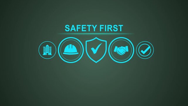 Prioritizing safety first in construction, manufacturing and safety protocols for a secure work environment. Motion graphics of safety first icon concept.