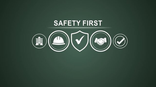 Prioritizing safety first in construction, manufacturing and safety protocols for a secure work environment. Motion graphics of safety first icon concept.