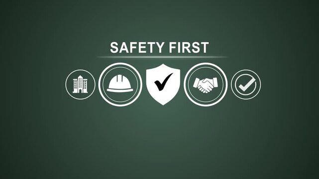 Prioritizing safety first in construction, manufacturing and safety protocols for a secure work environment. Motion graphics of safety first icon concept.