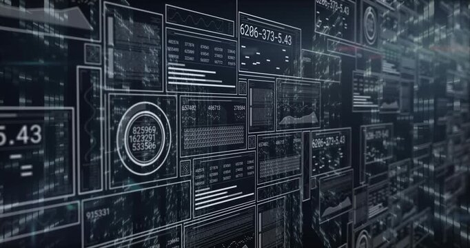 Floating 3D interface panels projecting readouts in depth, showing line charts and pie charts