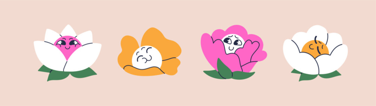 Cute groovy flowers set. Happy wildflowers with joyful, smiling faces in retro style. Avatars of funky blooming plants with different positive emotions, expressions. Flat isolated vector illustration