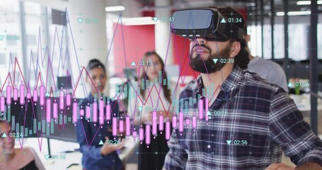 Man putting on VR headset examining animated financial graph analyzing data, coworkers logging data - Powered by Adobe