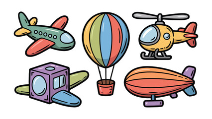 Whimsical Air Travel: A vibrant collection of stylized aircraft, including an airplane, hot air balloon, helicopter, zeppelin and a space aircraft, inviting a sense of wonder and imaginative journeys. © Abdul