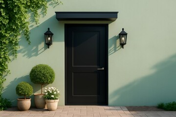 Elegant black front door with classic lantern lights and potted plants against mint green wall in soft sunlight. Ai generative. Ai generative