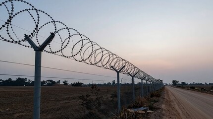 A barbed wire fence along a rural road at dusk with a clear sky