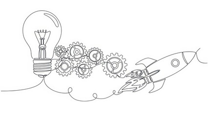 Light bulb idea with gears powering rocket launch, innovation concept