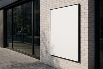 Blank outdoor poster mockup on white brick wall next to glass building, ideal for branding or advertising template presentation in urban environment. Ai generative