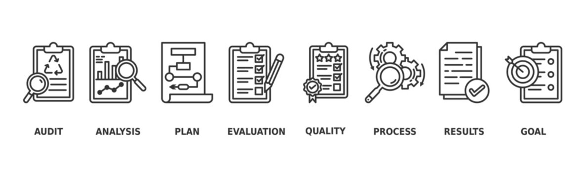 Assessment banner web icon vector illustration for accreditation and evaluation method on business and education with audit, analysis, plan, evaluation, quality, process, results and goal icon