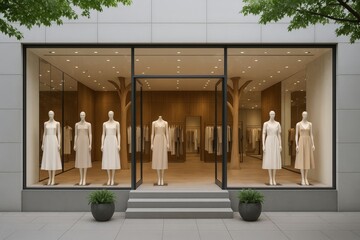 Elegant fashion boutique storefront with mannequins in neutral dresses, minimalist modern design, viewed from street with green tree canopy above. Ai generative