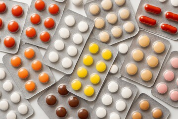 Colorful pharmaceutical tablets and capsules in blister packs arranged randomly on a white background, showcasing various medication types and colors. Ai generative