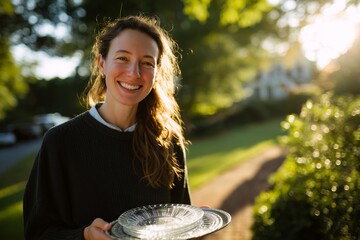 A joyful woman smiles brightly in a sunny garden, holding a stack of glass dinner plates, radiating happiness.