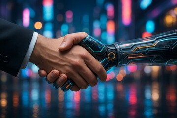 Human and robot shaking hands in futuristic city, symbolizing AI-human collaboration and technology partnership under neon lights at night. Ai generative