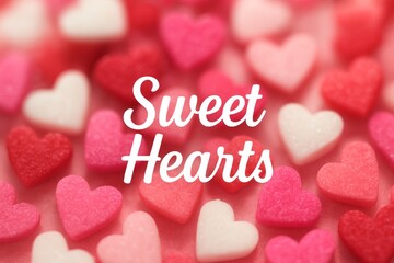 A Romantic Collection of Heart-Shaped Candies for Valentines Day. A close-up view of heart-shaped candies in pink and white, perfect for Valentines Day or romantic occasions. image.png. The concept