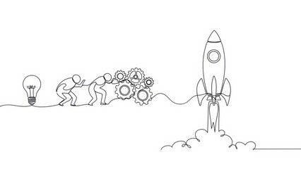 Teamwork driving a rocket launch from a lightbulb idea, continuous line drawing